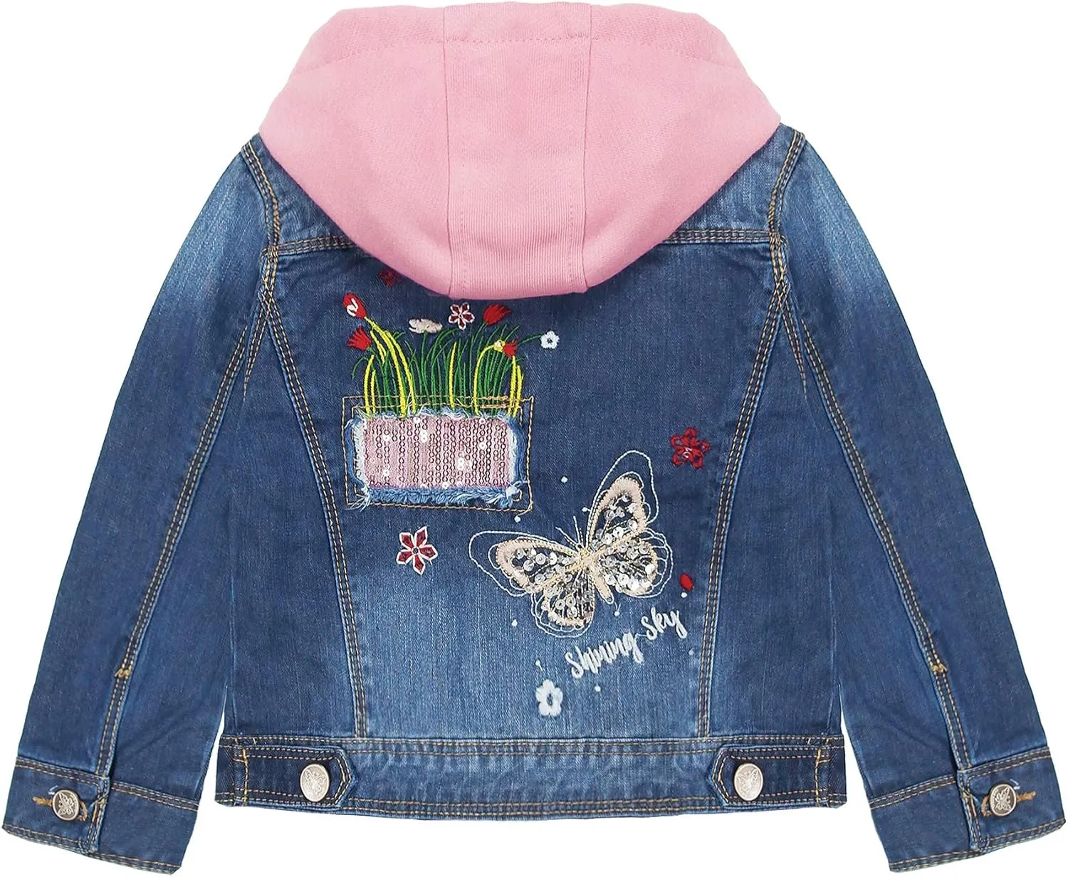KIDSCOOL SPACE Little Girl Jean Jacket,Flower Embroidered Denim Outfits