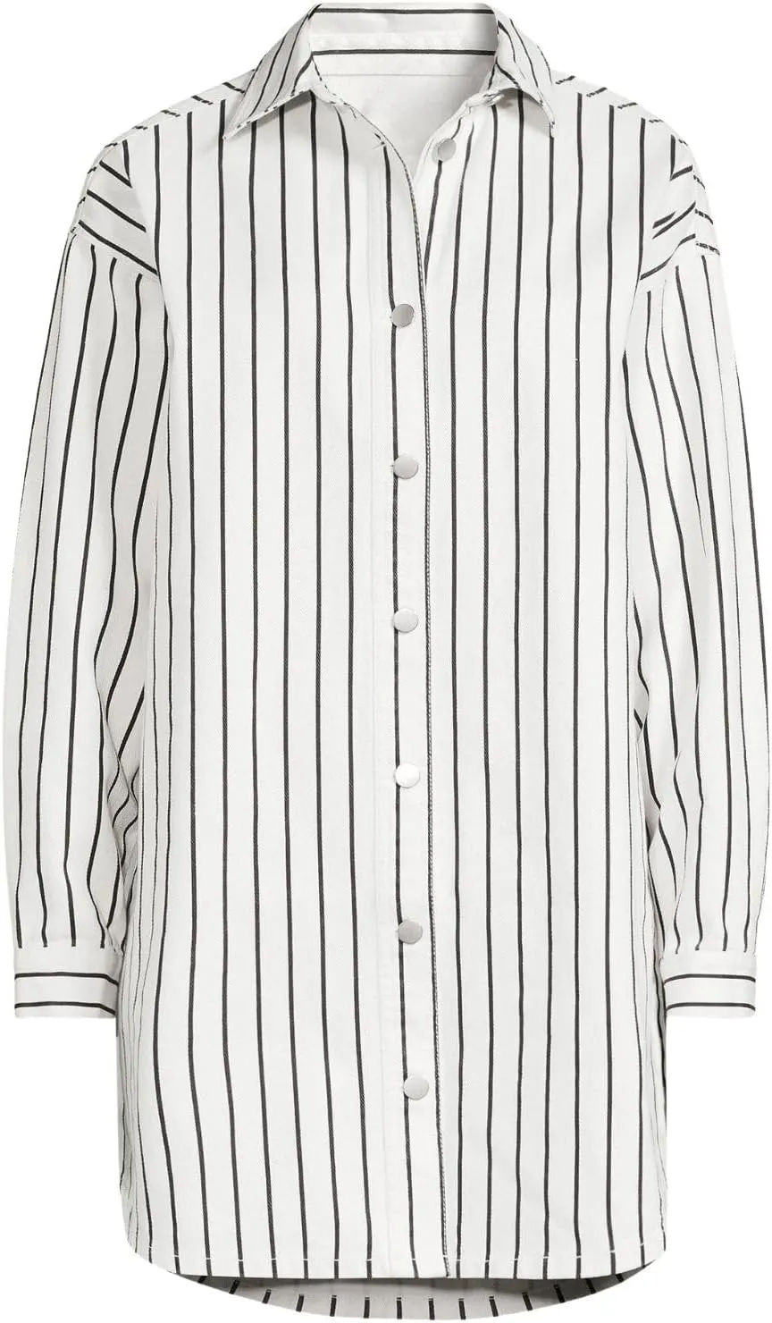 Kwoki Women Shirt Dress Casual Loose Mid Long Button Down Denim Dresses Oversized Striped Summer Tunic Blouse