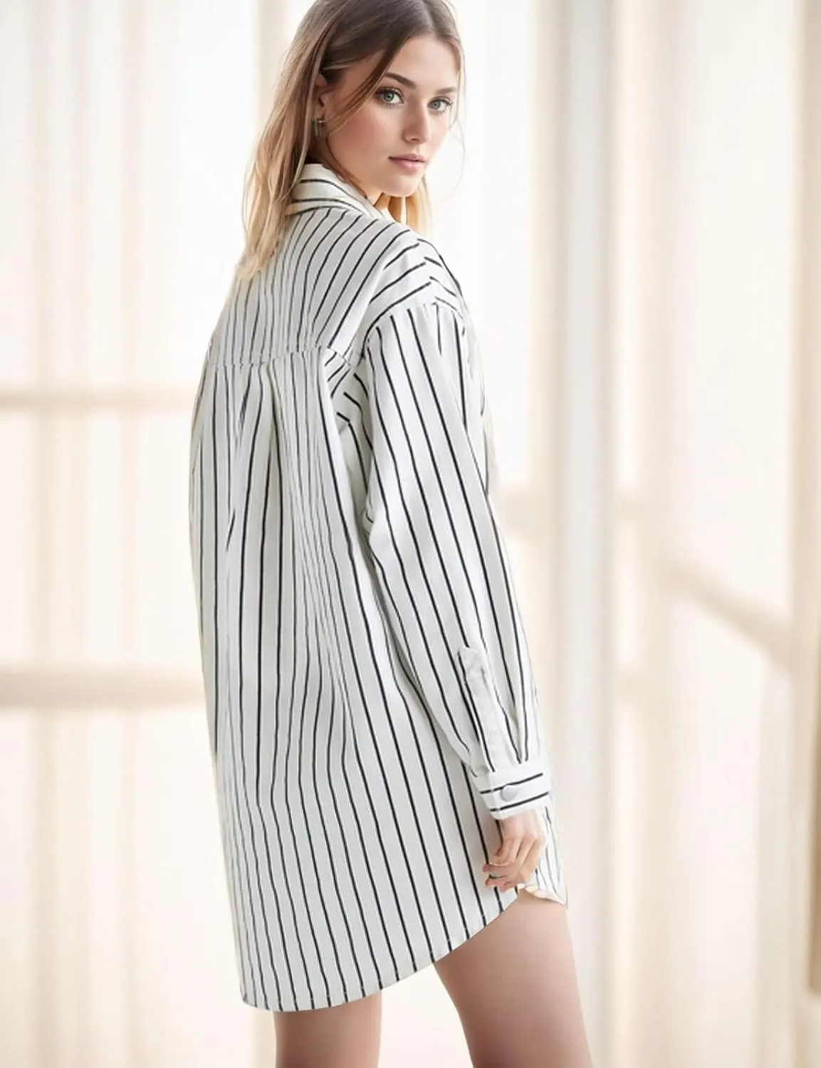 Kwoki Women Shirt Dress Casual Loose Mid Long Button Down Denim Dresses Oversized Striped Summer Tunic Blouse