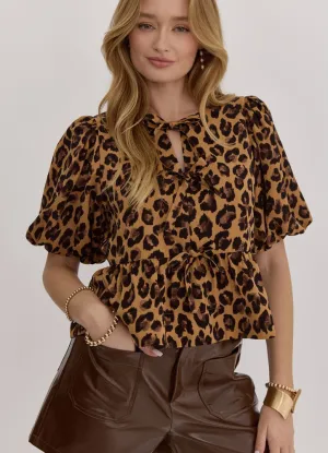 Leopard Bubble Sleeve Top  in Camel by Entro
