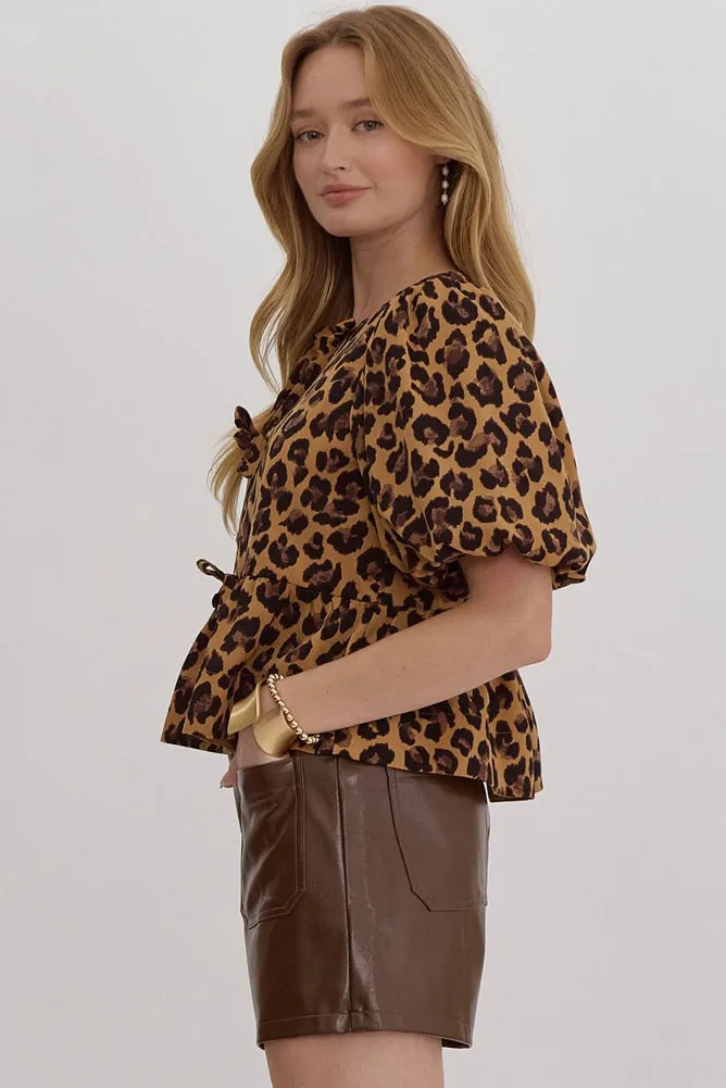 Leopard Bubble Sleeve Top  in Camel by Entro