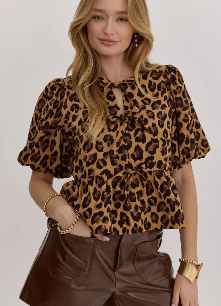 Leopard Bubble Sleeve Top  in Camel by Entro
