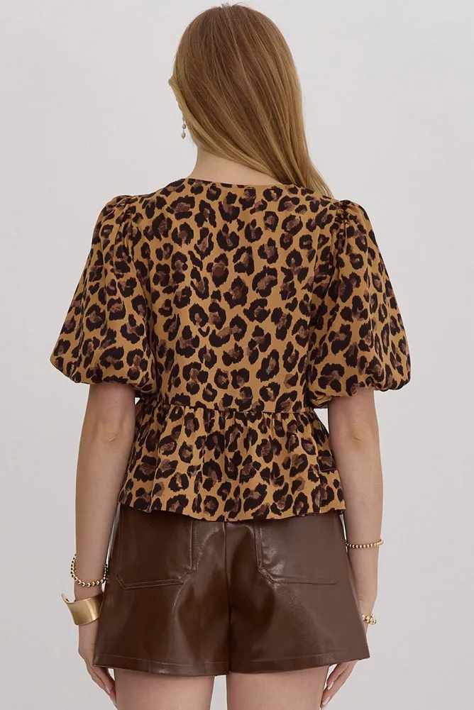 Leopard Bubble Sleeve Top  in Camel by Entro