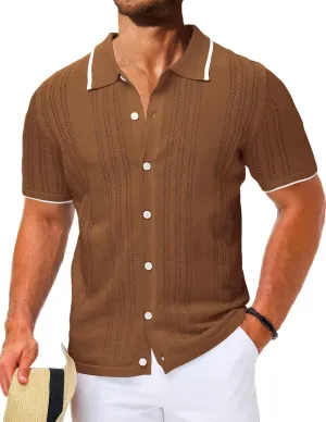 LETSEE Mens Short Sleeve Button Down Shirts Knit Polo Shirt Summer Beach Tops Resort Wear 2025