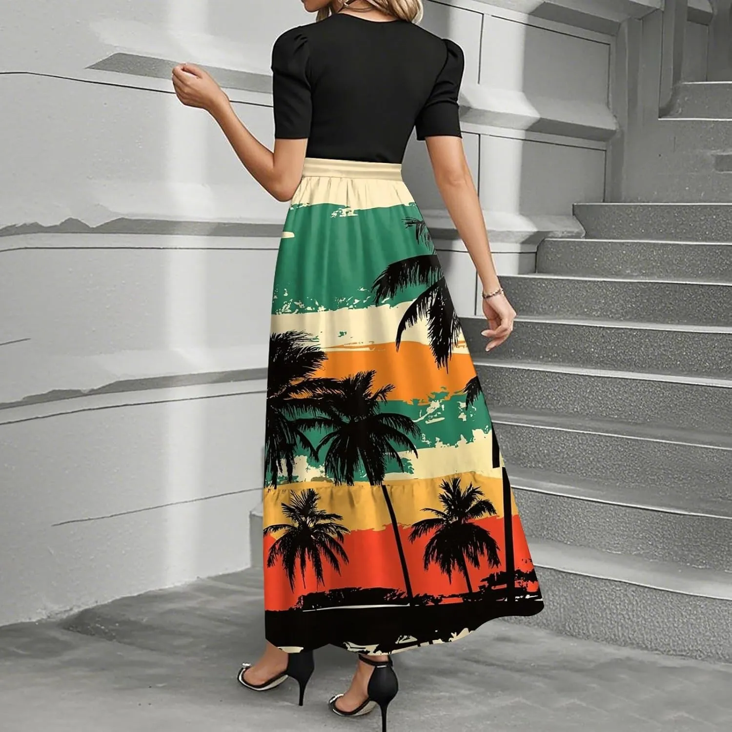 Long Floral Dresses for Women Elegant Boho Tie Belted Patchwork Empire Waist Short Sleeve Modest Flowy Maxi Dress