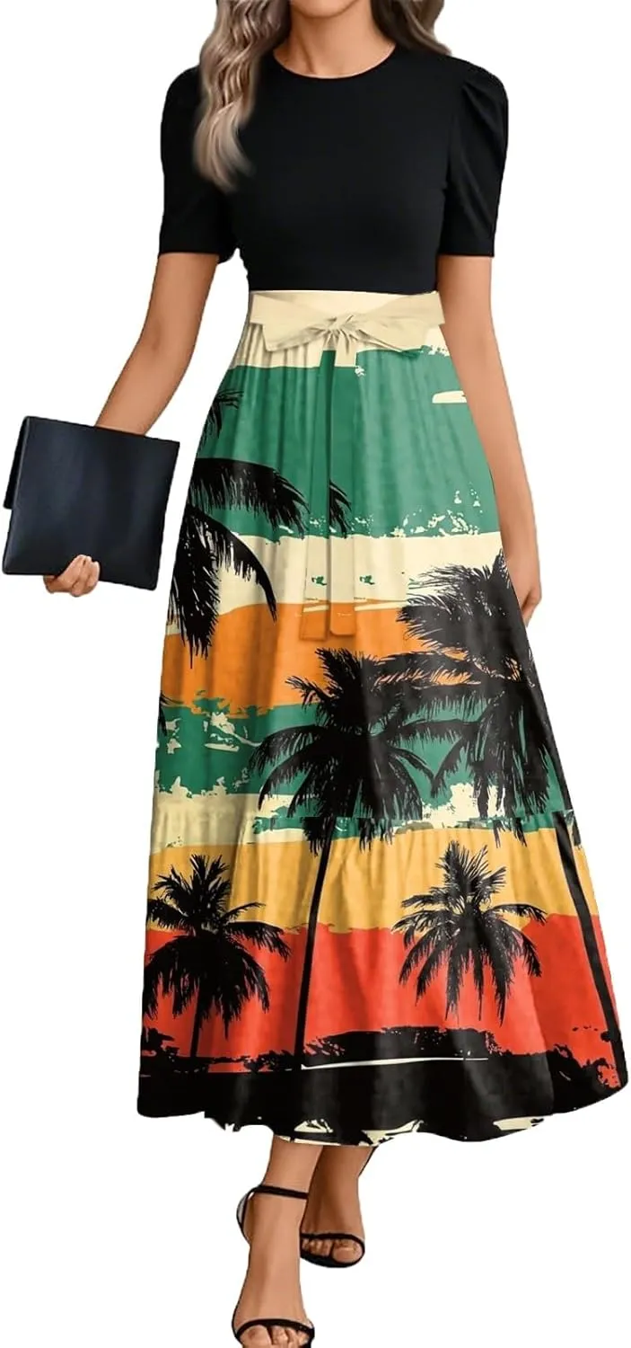 Long Floral Dresses for Women Elegant Boho Tie Belted Patchwork Empire Waist Short Sleeve Modest Flowy Maxi Dress