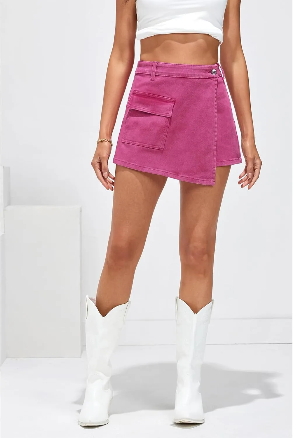 luvamia Denim Skorts for Woman Cargo Faux Wrap Jean Skort Skirts Stretchy High Waisted Skirt Shorts Country Concert Wear