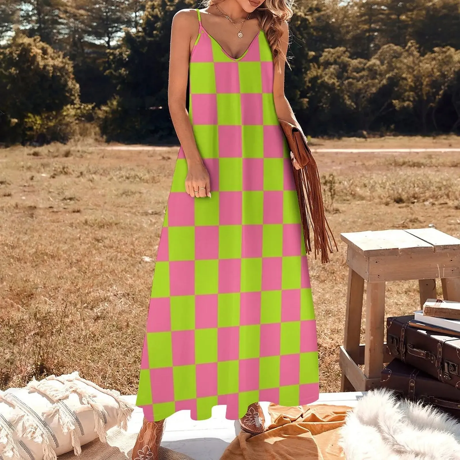 LVSANW Checkered Lime Green and Pink Sleeveless Dress elegant women's dresses for wedding beach dress
