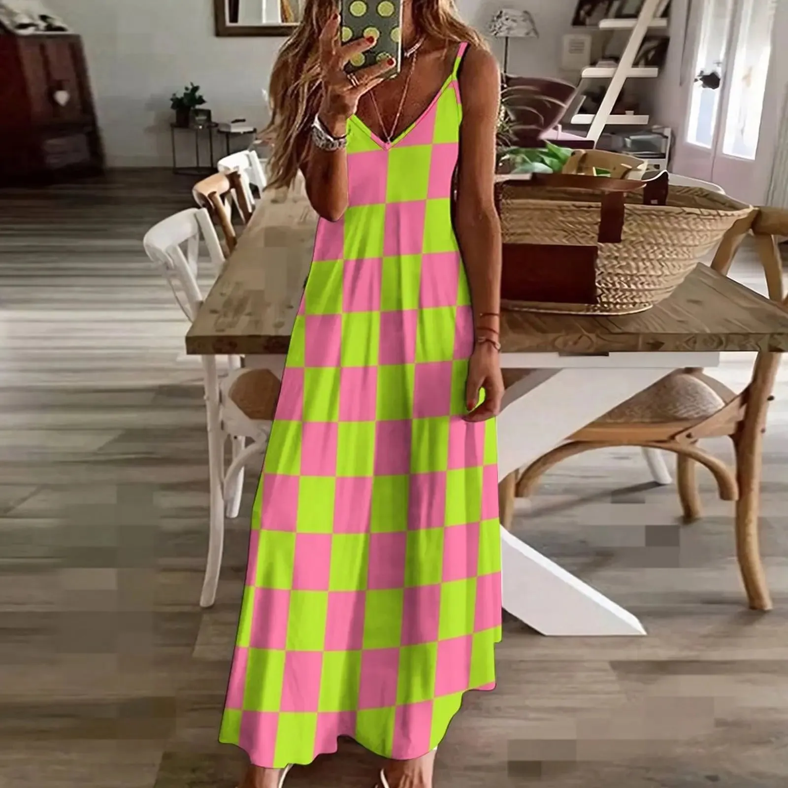 LVSANW Checkered Lime Green and Pink Sleeveless Dress elegant women's dresses for wedding beach dress