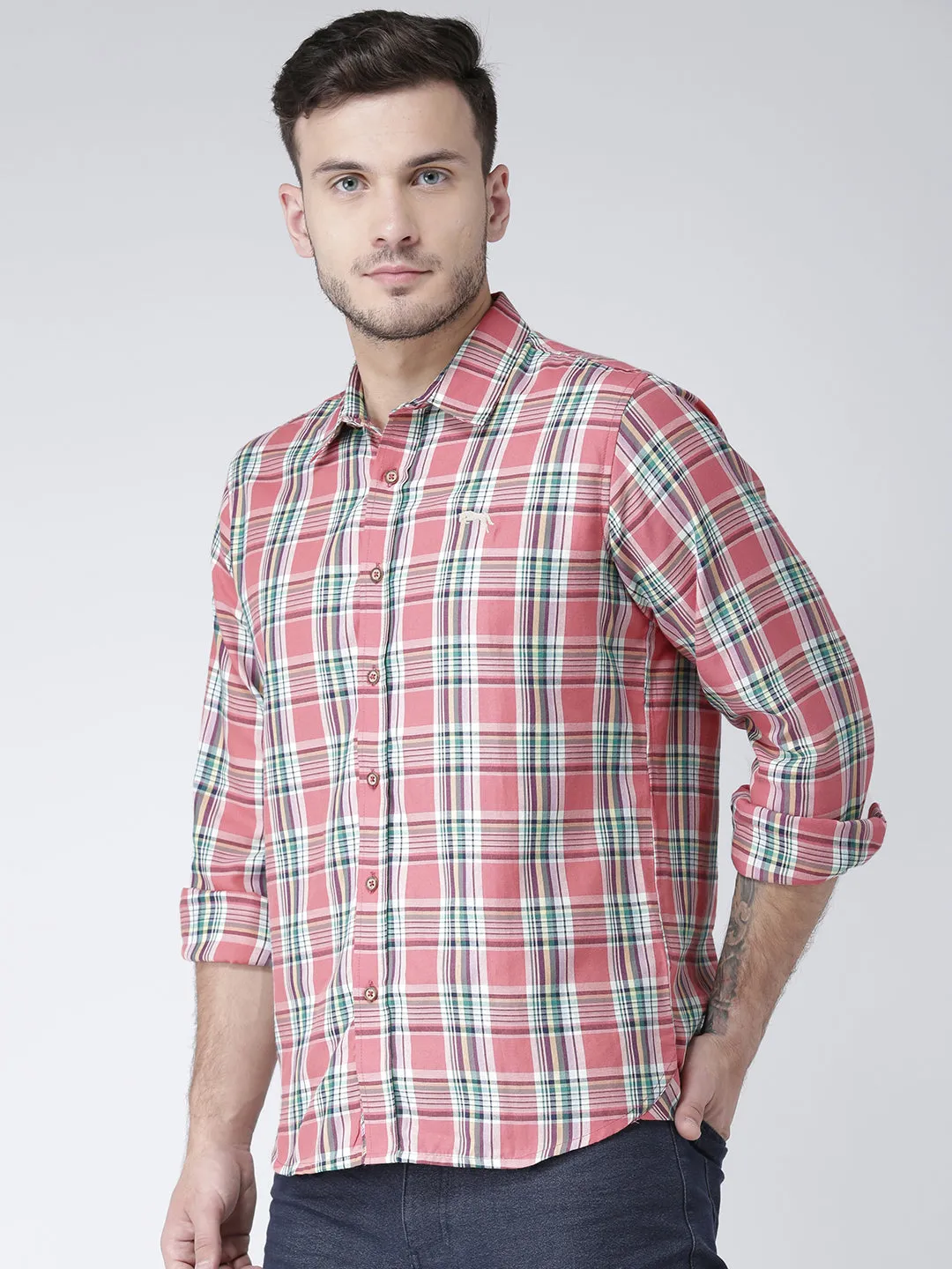 Men Casual Checked Rose Shirts