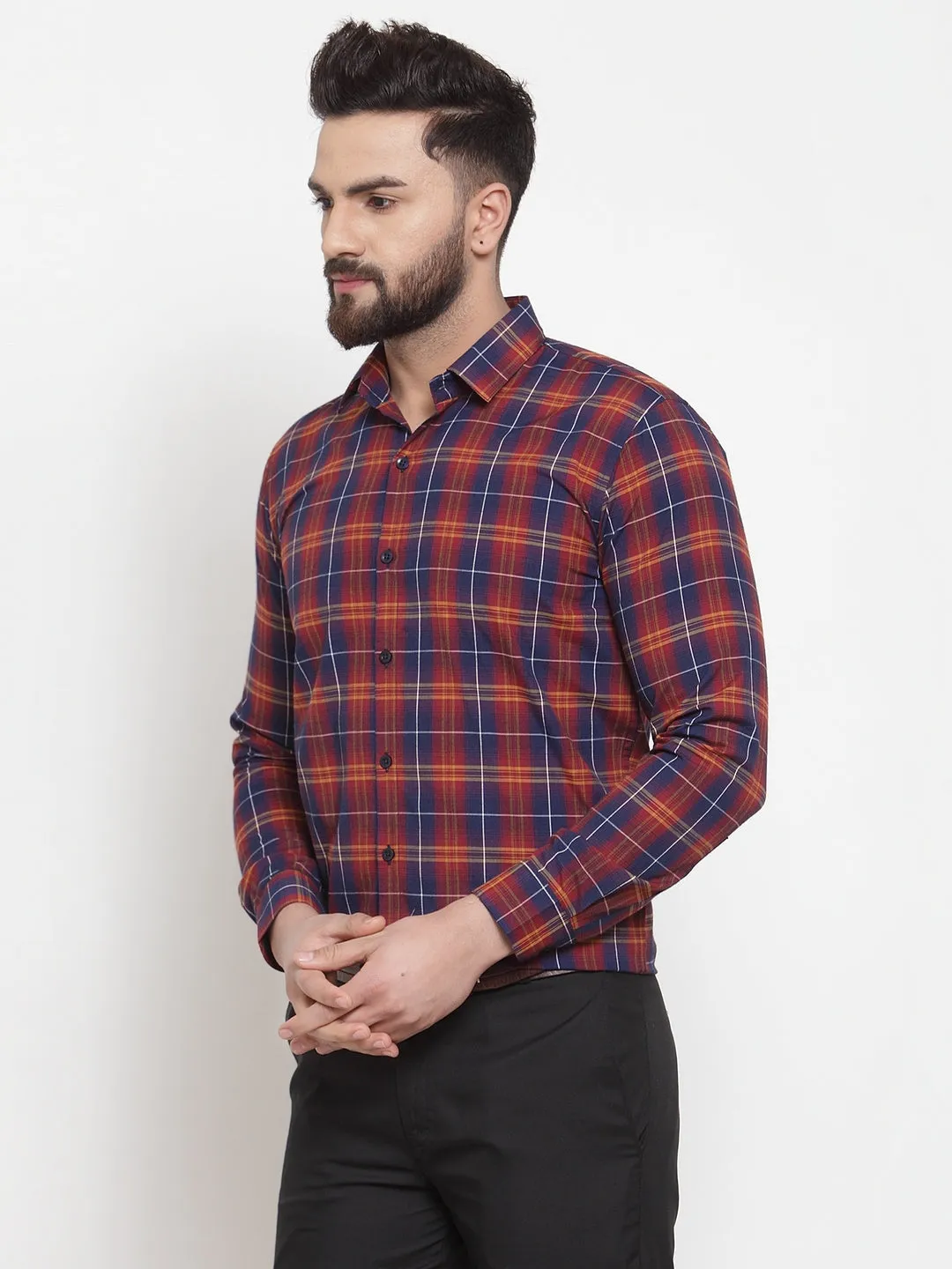 Men's Multi Cotton Checked Formal Shirts ( SF 741Blue-Red ) - Jainish