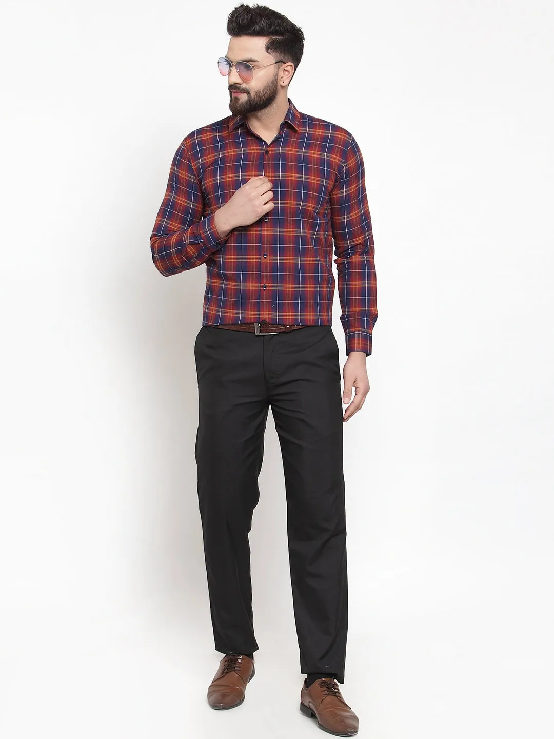 Men's Multi Cotton Checked Formal Shirts ( SF 741Blue-Red ) - Jainish