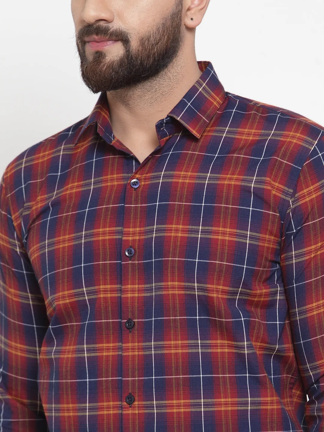 Men's Multi Cotton Checked Formal Shirts ( SF 741Blue-Red ) - Jainish
