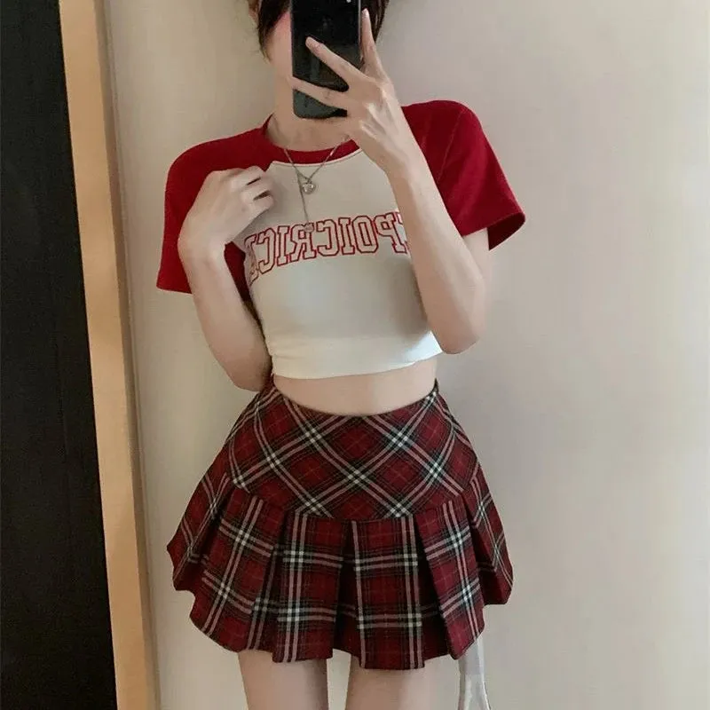Mini Pleated Skirts Women Red Summer Harajuku European Streetwear Temper All-match Teens Kawaii Clothes Fashion Preppy S-4XL Ins