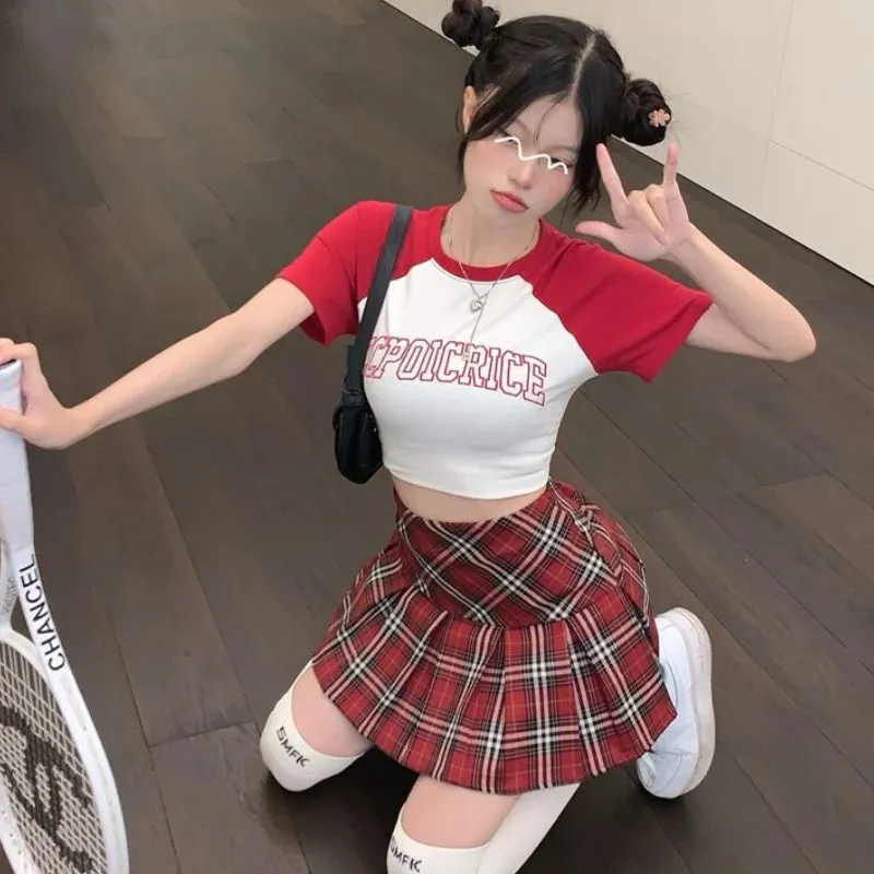 Mini Pleated Skirts Women Red Summer Harajuku European Streetwear Temper All-match Teens Kawaii Clothes Fashion Preppy S-4XL Ins