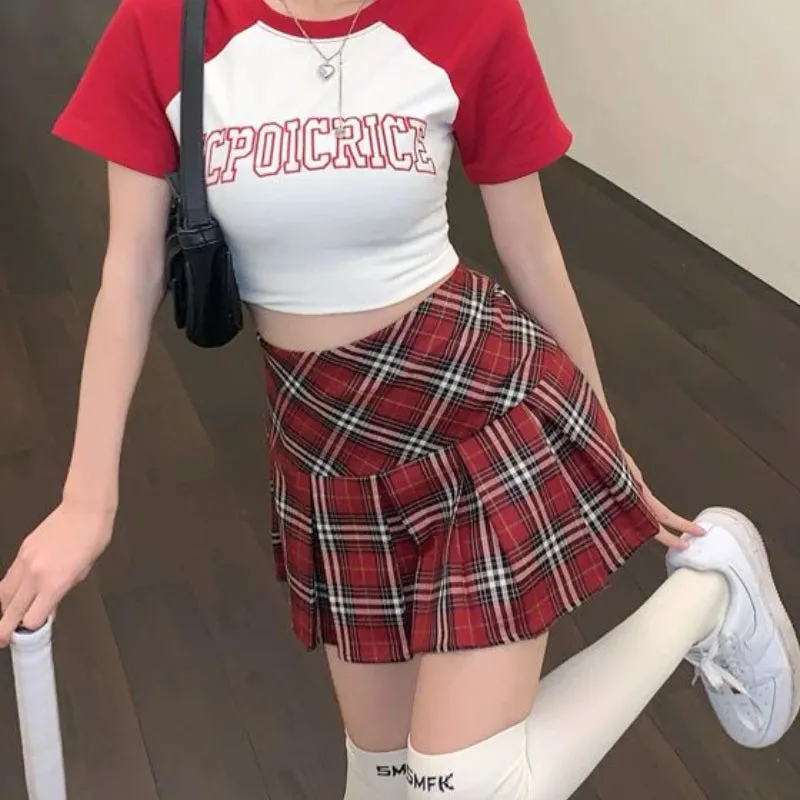 Mini Pleated Skirts Women Red Summer Harajuku European Streetwear Temper All-match Teens Kawaii Clothes Fashion Preppy S-4XL Ins