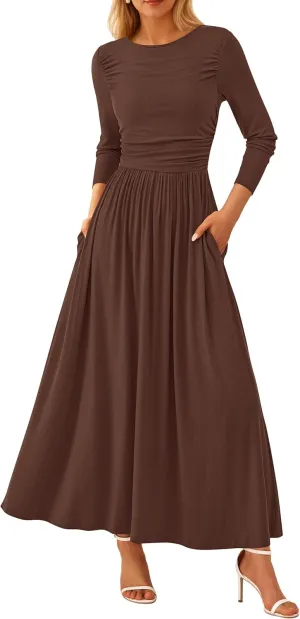 PRETTYGARDEN Women's 2025 Spring Casual Long Sleeve Maxi Dresses Crewneck Ruched A Line Flowy Elegant Modest Going Out Dress