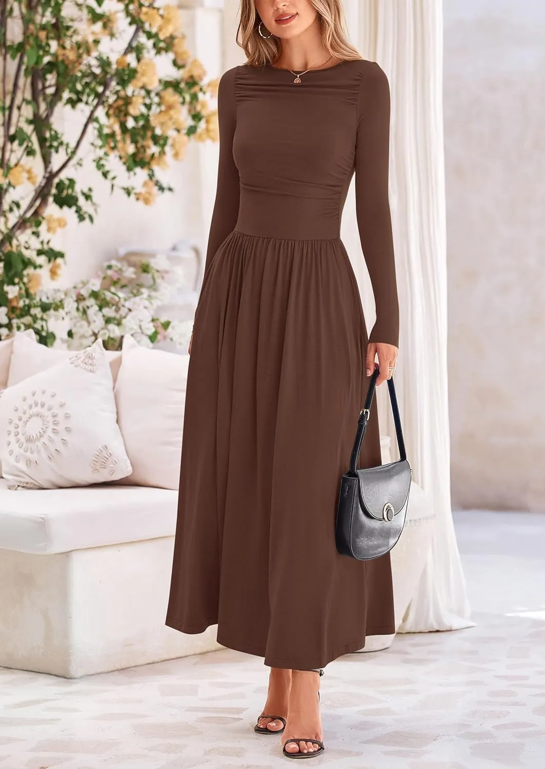 PRETTYGARDEN Women's 2025 Spring Casual Long Sleeve Maxi Dresses Crewneck Ruched A Line Flowy Elegant Modest Going Out Dress