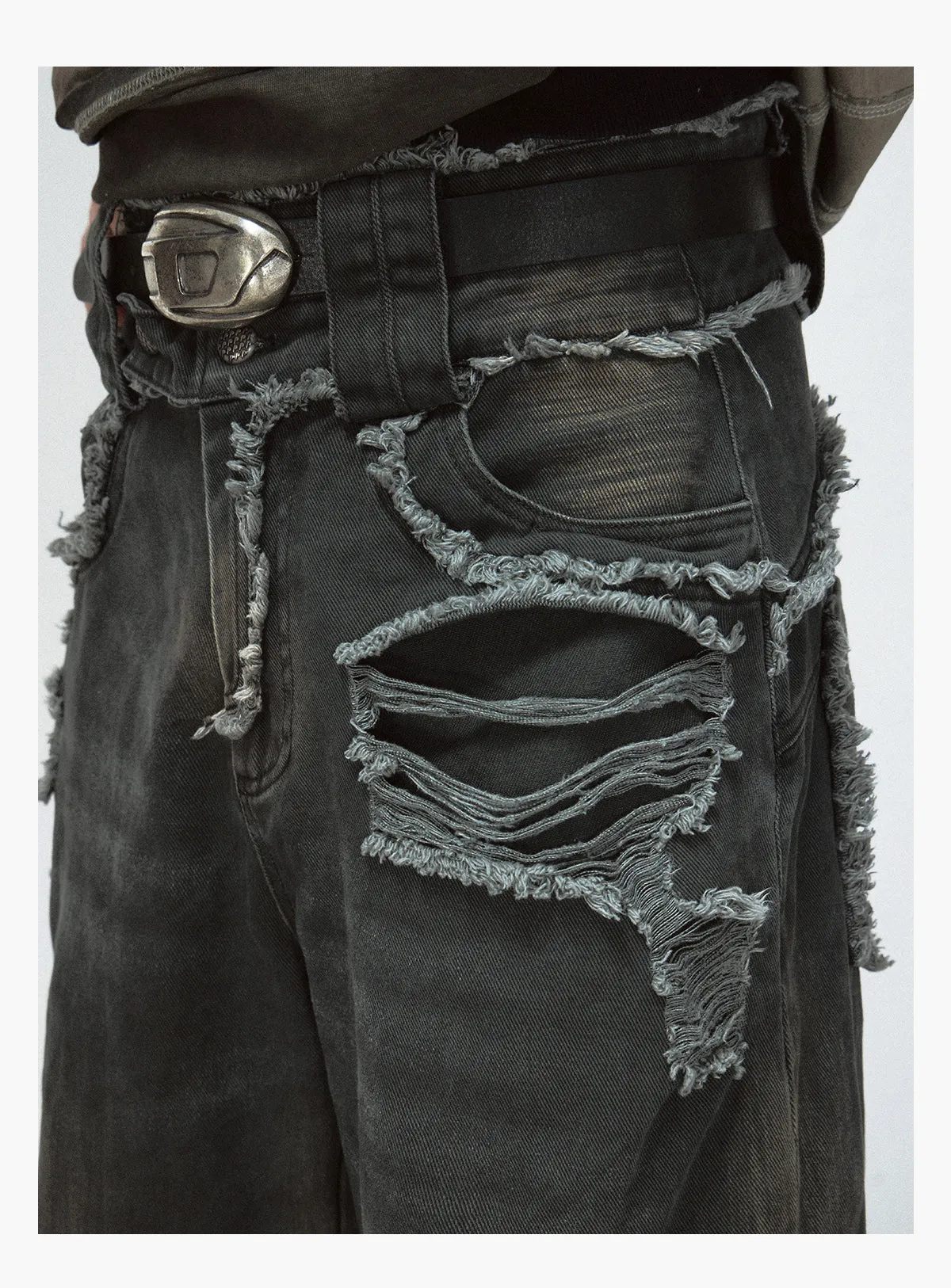 Raw-edge Washed Ripped Jeans