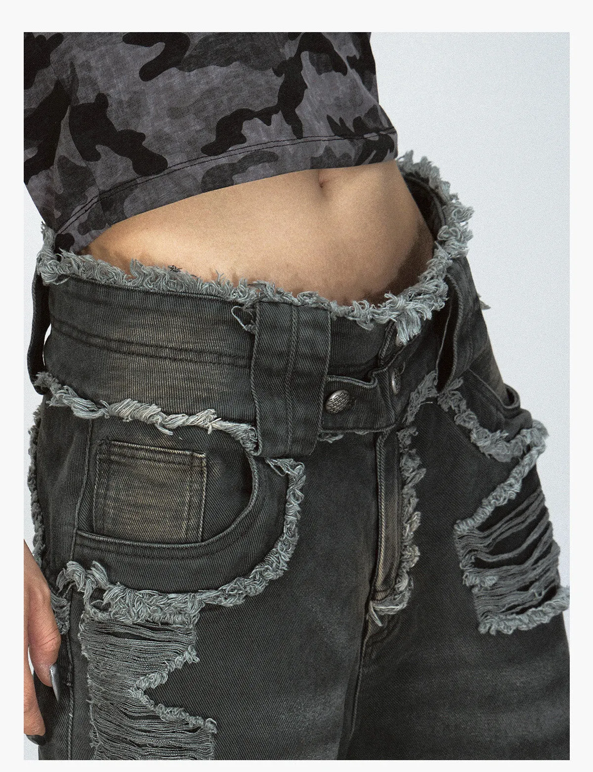 Raw-edge Washed Ripped Jeans