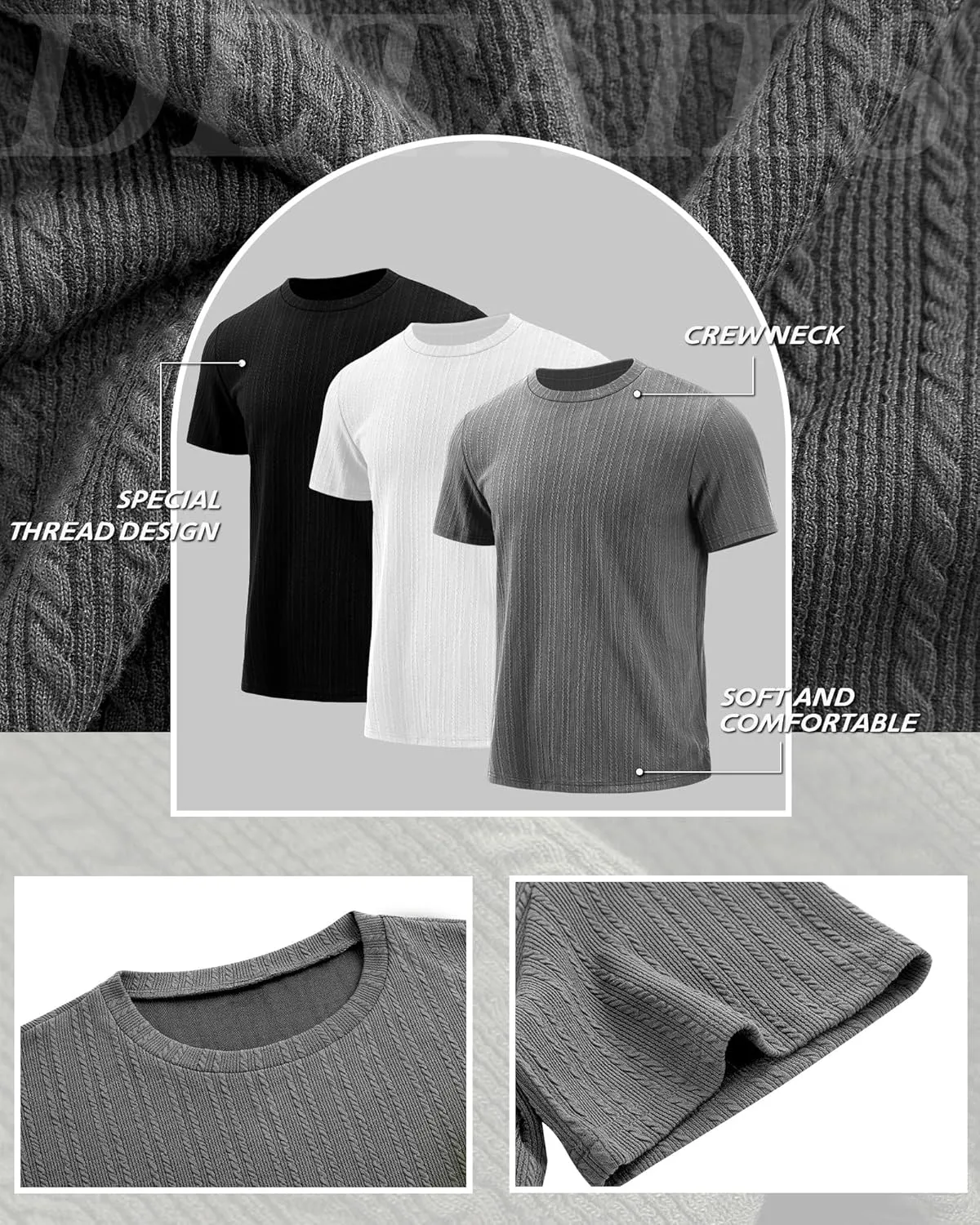 Riyiper 3 Pack Men's Short Sleeve T Shirts Loose Crew Neck Casual Stretchy Tees Summer Textured Knit Basic Lightweight Tops