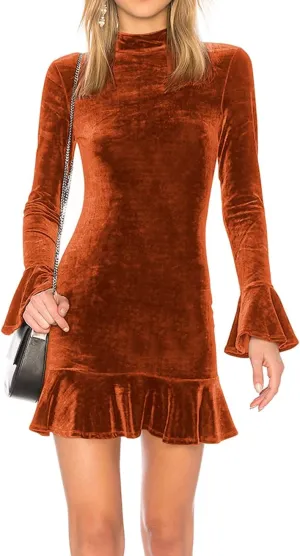 R.Vivimos Women's Winter Long Sleeve Velvet Ruffles Bodycon Mini Dress