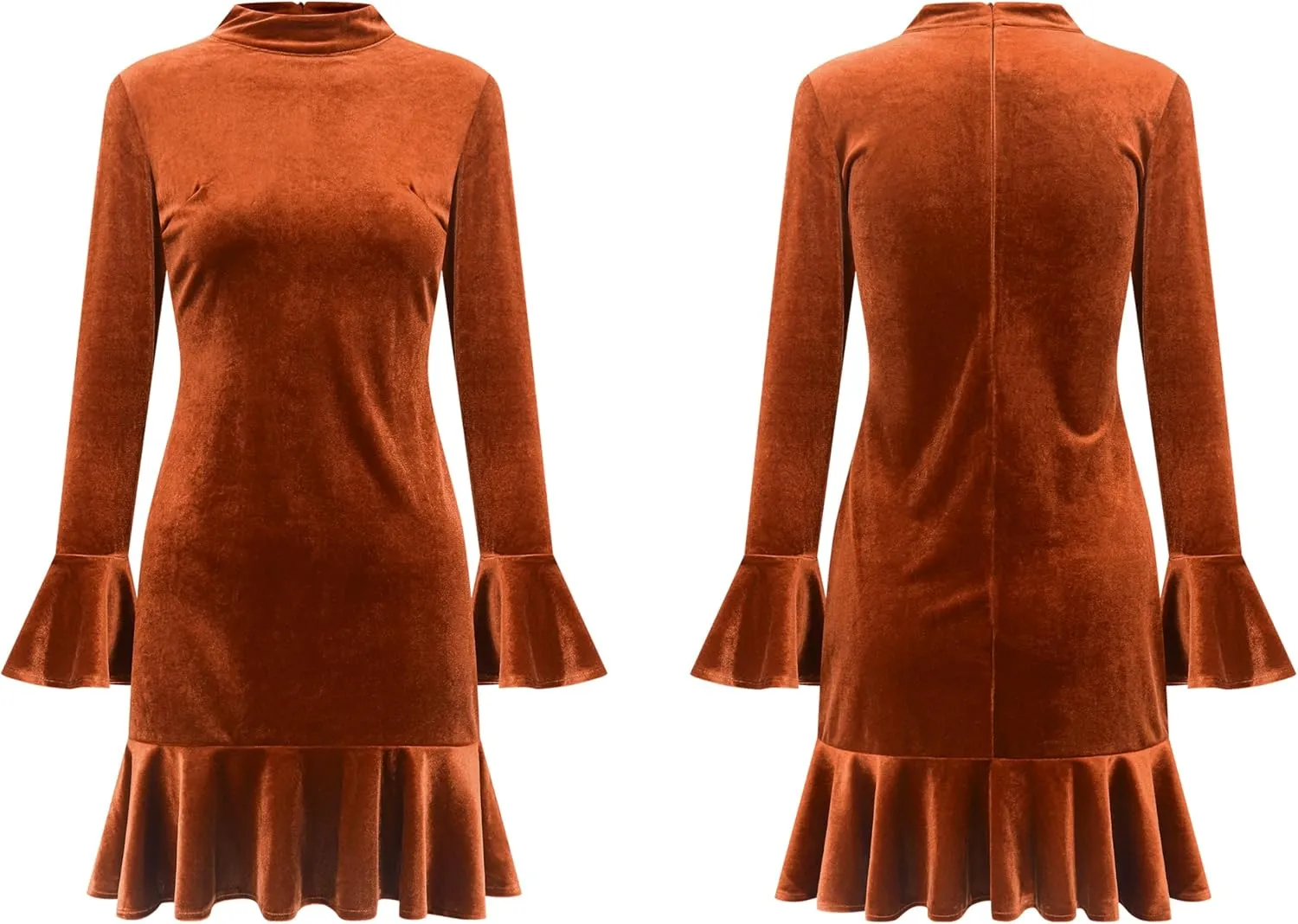 R.Vivimos Women's Winter Long Sleeve Velvet Ruffles Bodycon Mini Dress