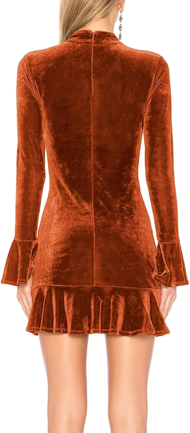 R.Vivimos Women's Winter Long Sleeve Velvet Ruffles Bodycon Mini Dress