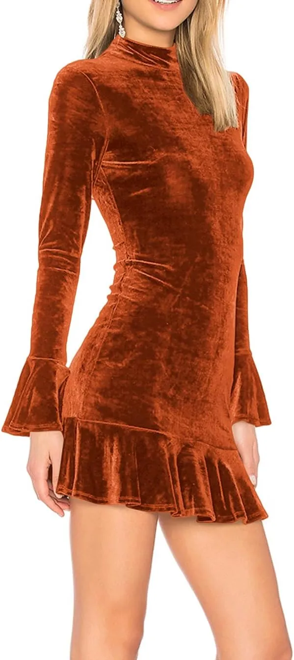 R.Vivimos Women's Winter Long Sleeve Velvet Ruffles Bodycon Mini Dress