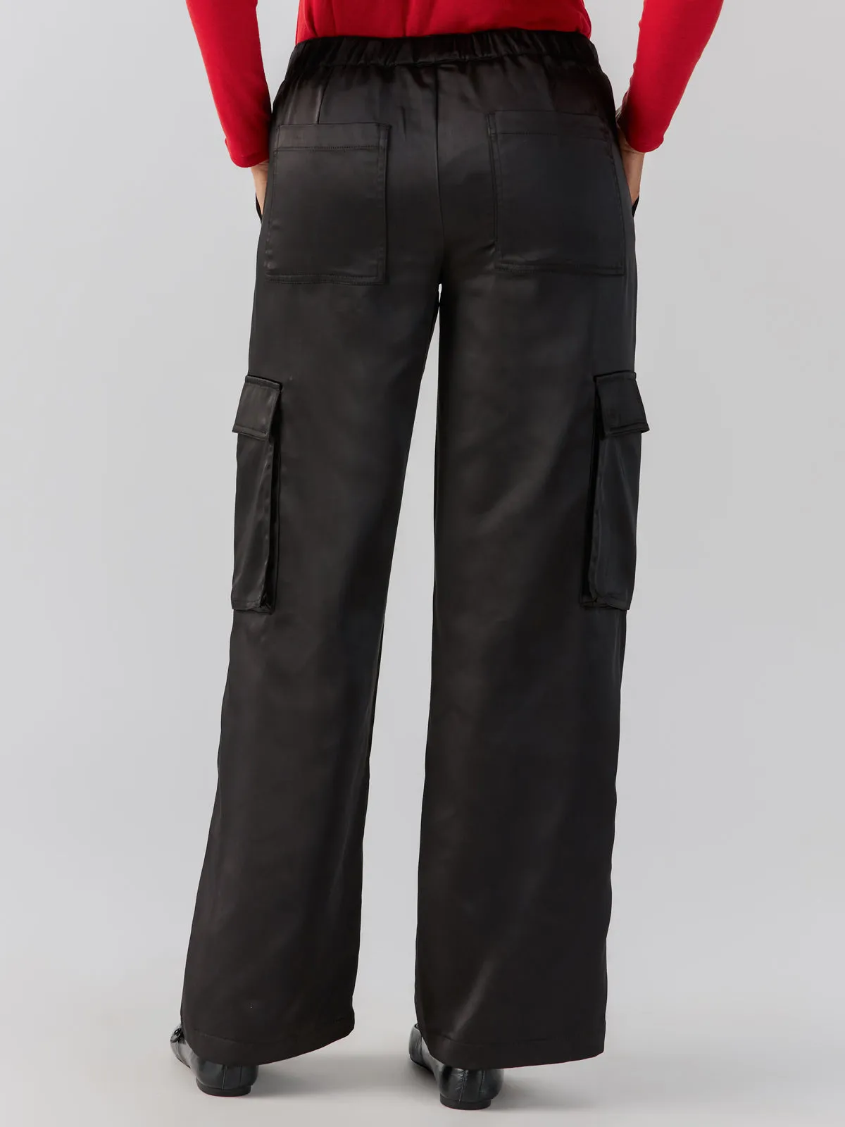 Satin Cargo Standard Rise Wide Leg Pant Black