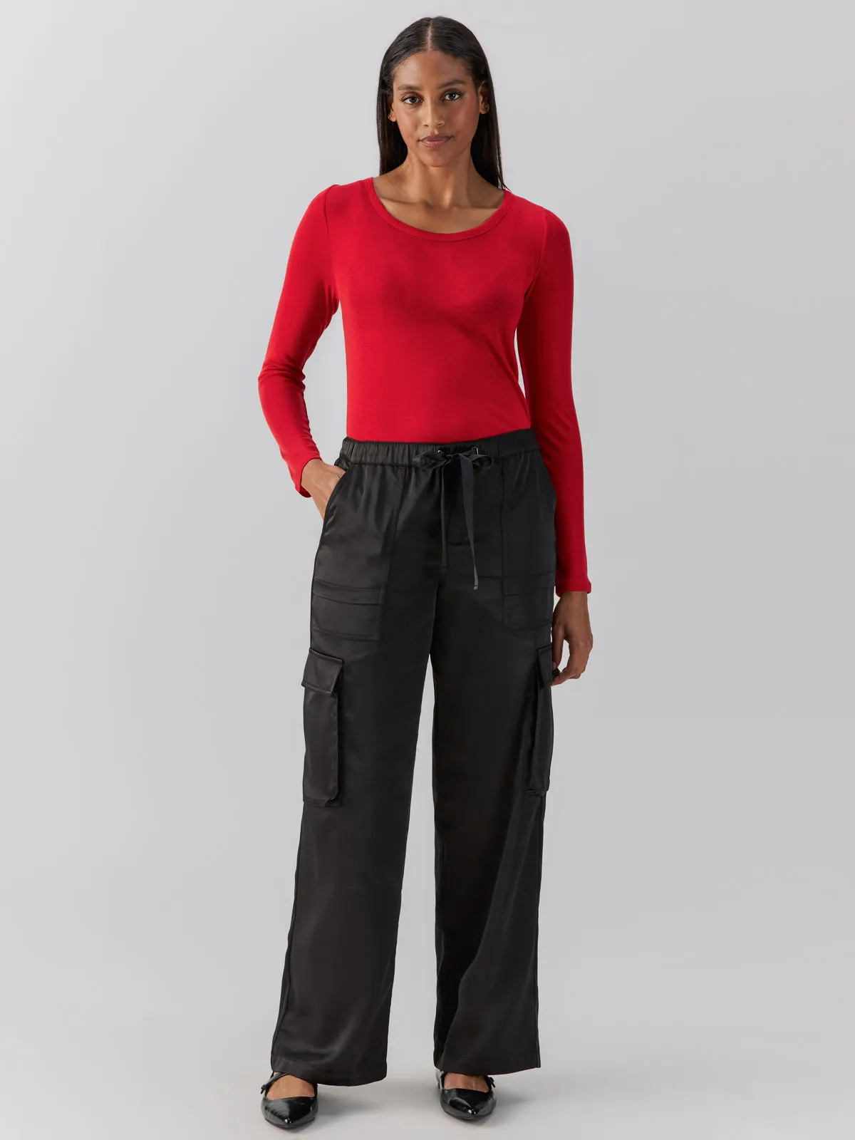 Satin Cargo Standard Rise Wide Leg Pant Black