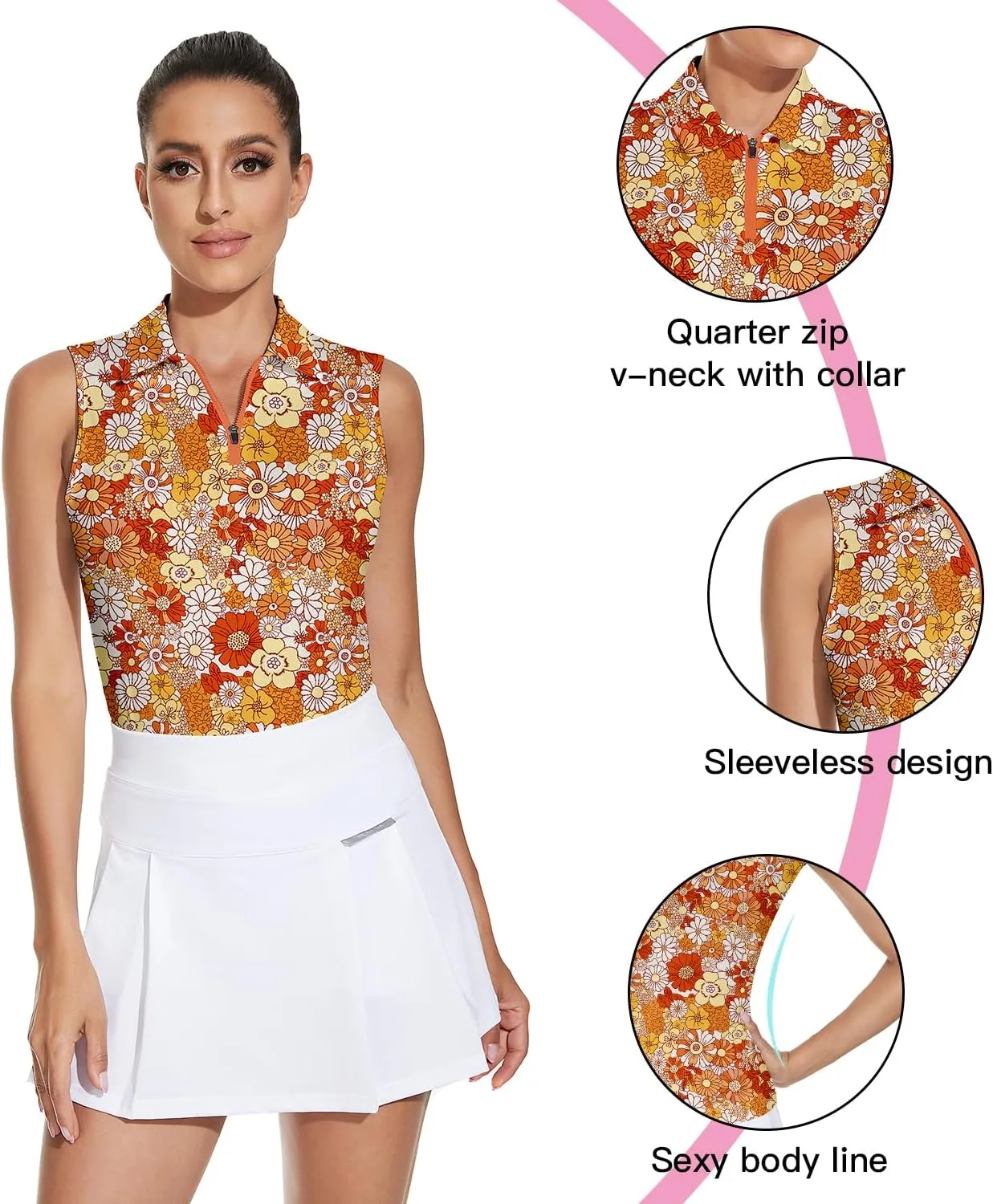 Soneven Women's Sleeveless Golf Top Floral Athletic Golf Wear Moisture Wicking Sleeveless Polo Quick Dry