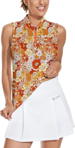 Soneven Women's Sleeveless Golf Top Floral Athletic Golf Wear Moisture Wicking Sleeveless Polo Quick Dry