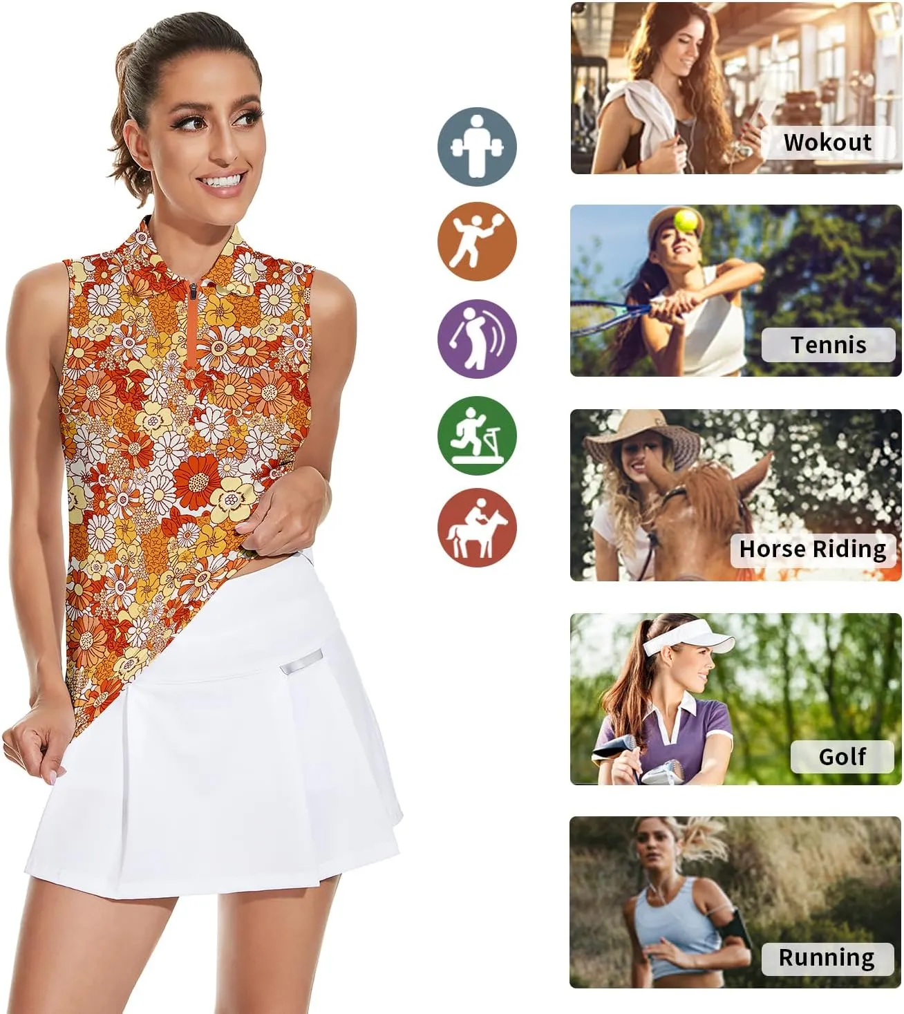 Soneven Women's Sleeveless Golf Top Floral Athletic Golf Wear Moisture Wicking Sleeveless Polo Quick Dry