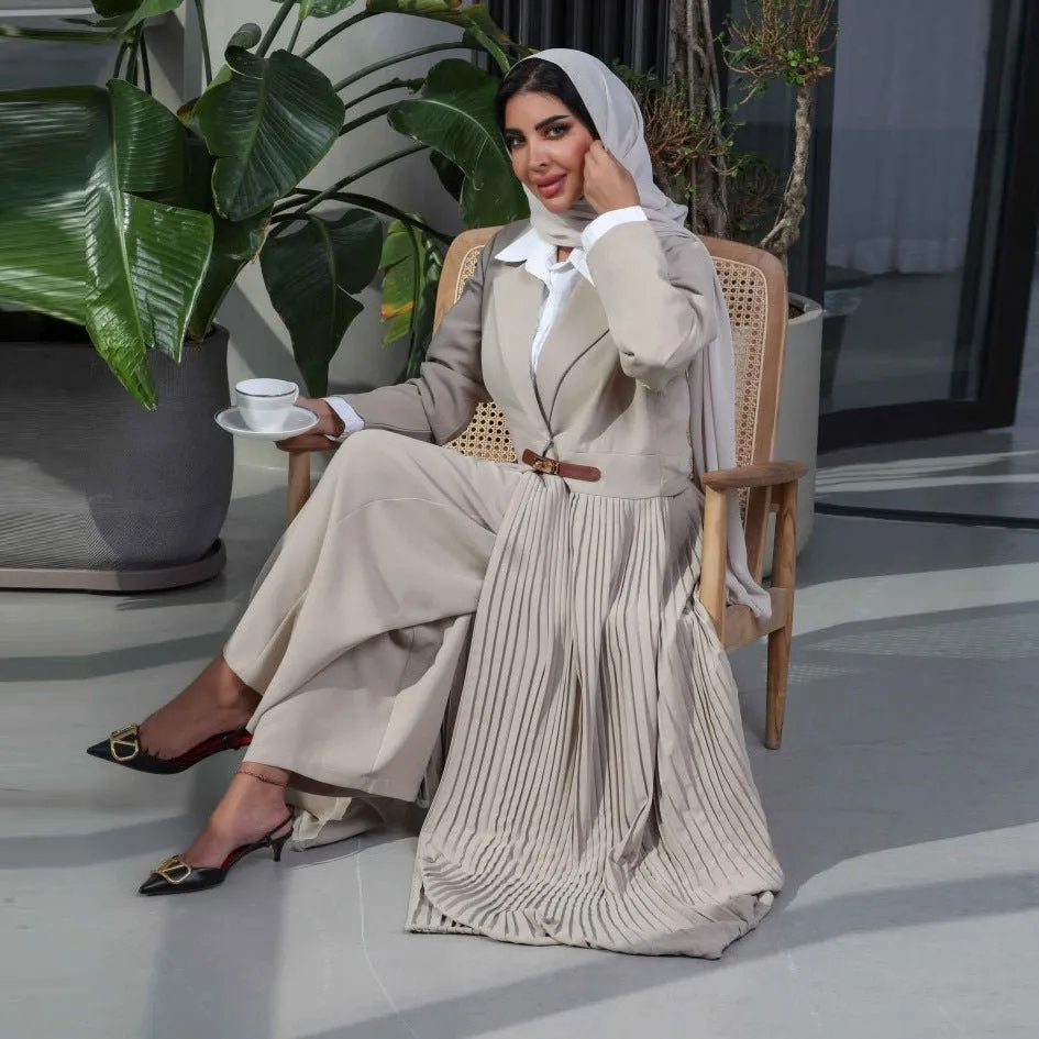 Stylish Leather Buttoned Pleated Abaya (MOA082)