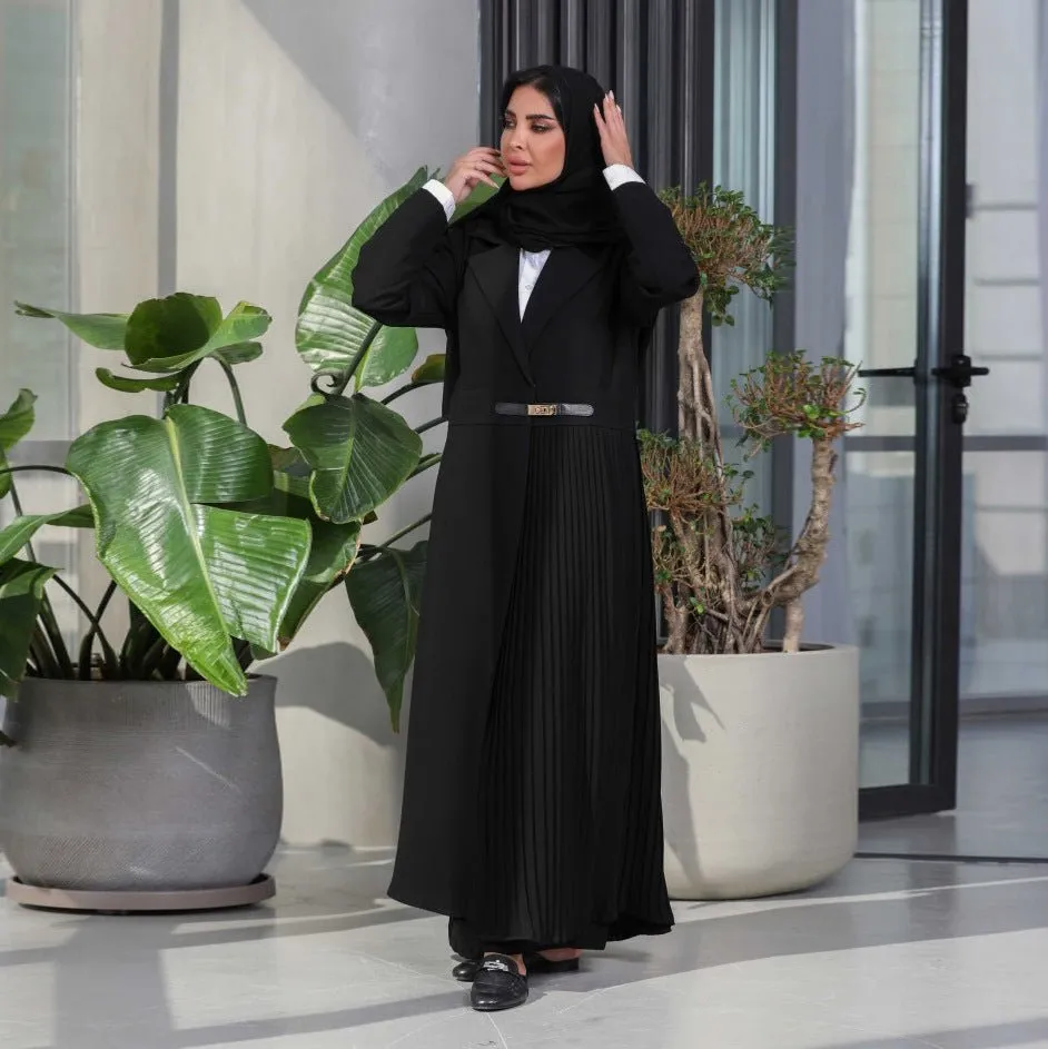 Stylish Leather Buttoned Pleated Abaya (MOA082)