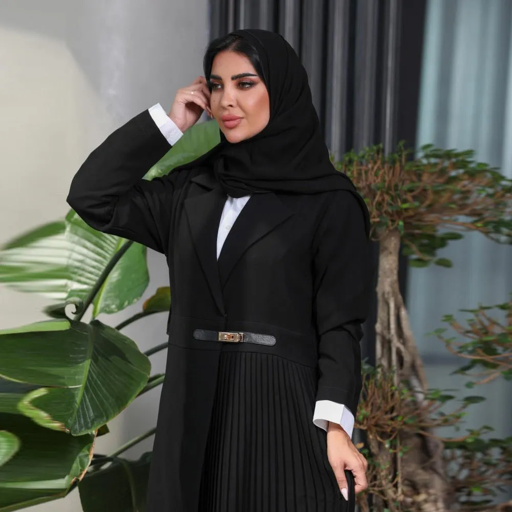 Stylish Leather Buttoned Pleated Abaya (MOA082)