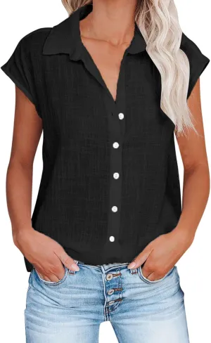 Summer Tops for Women 2024 Trendy Cotton Linen Button Down Shirts Dressy Cap Sleeve Collared Business Casual Blouses