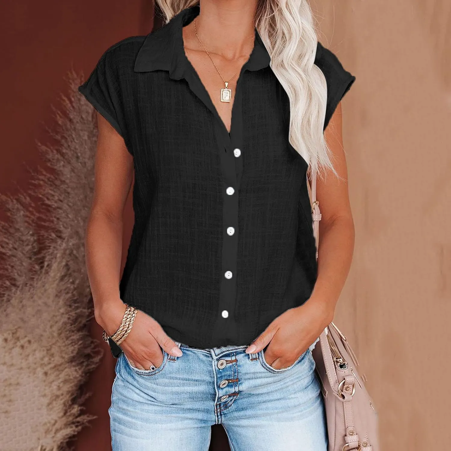 Summer Tops for Women 2024 Trendy Cotton Linen Button Down Shirts Dressy Cap Sleeve Collared Business Casual Blouses