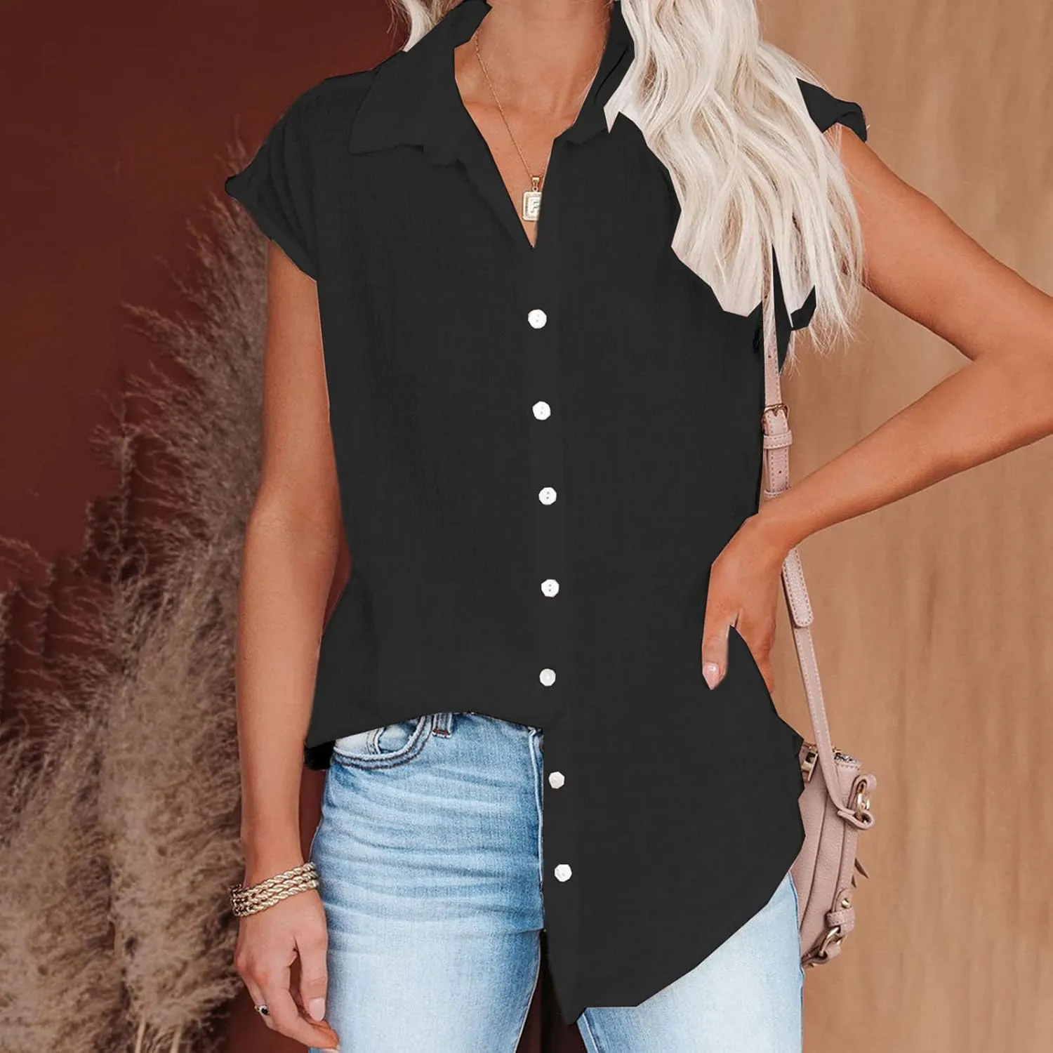 Summer Tops for Women 2024 Trendy Cotton Linen Button Down Shirts Dressy Cap Sleeve Collared Business Casual Blouses