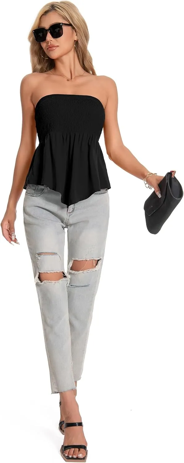 TAIPOVE Tube Tops for Women Smocked Summer Strapless Bandeau Shirts Ruffle Hem Cute Crop Peplum Trendy Going Out Outfit