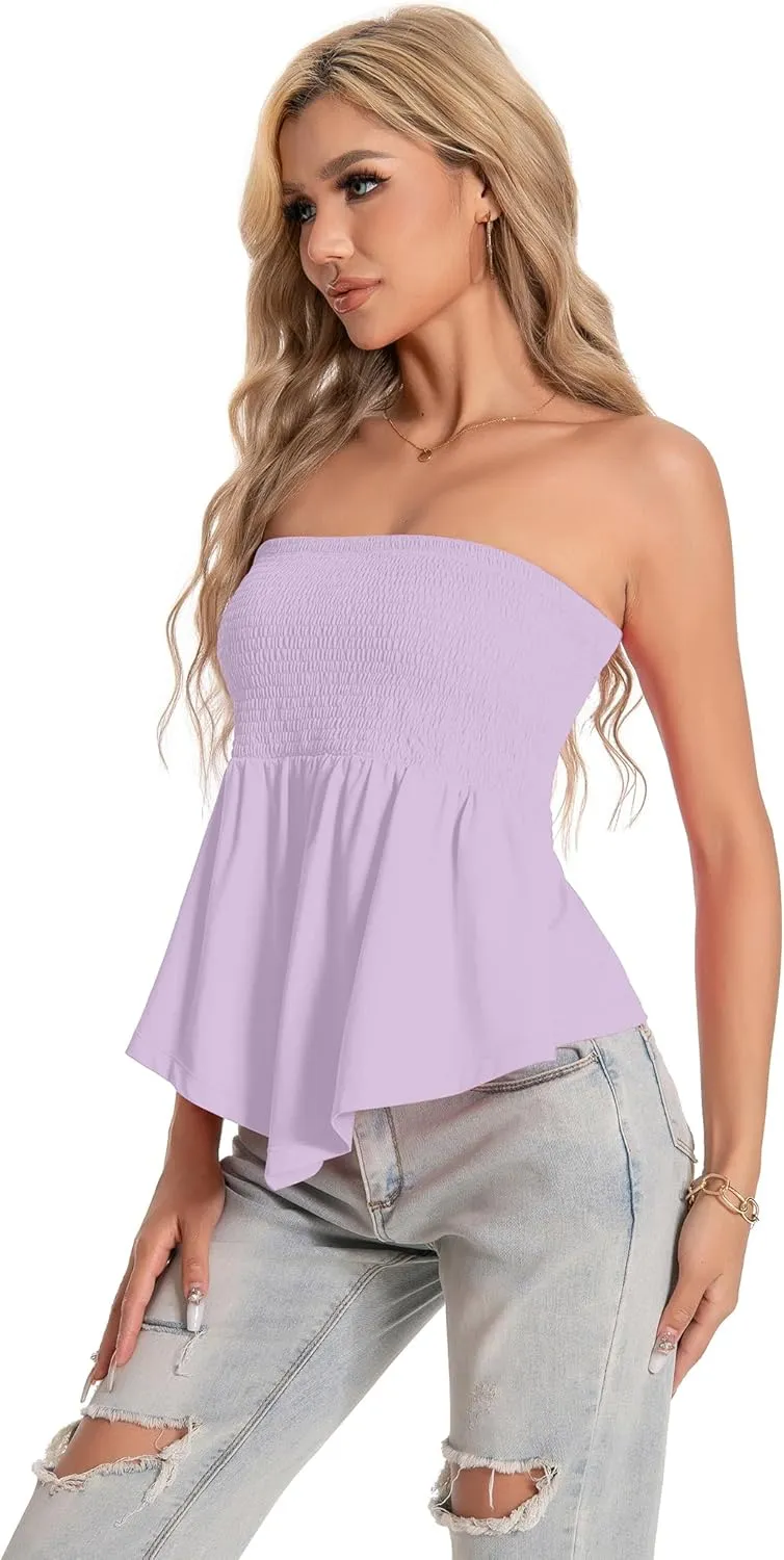 TAIPOVE Tube Tops for Women Smocked Summer Strapless Bandeau Shirts Ruffle Hem Cute Crop Peplum Trendy Going Out Outfit