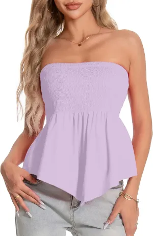 TAIPOVE Tube Tops for Women Smocked Summer Strapless Bandeau Shirts Ruffle Hem Cute Crop Peplum Trendy Going Out Outfit