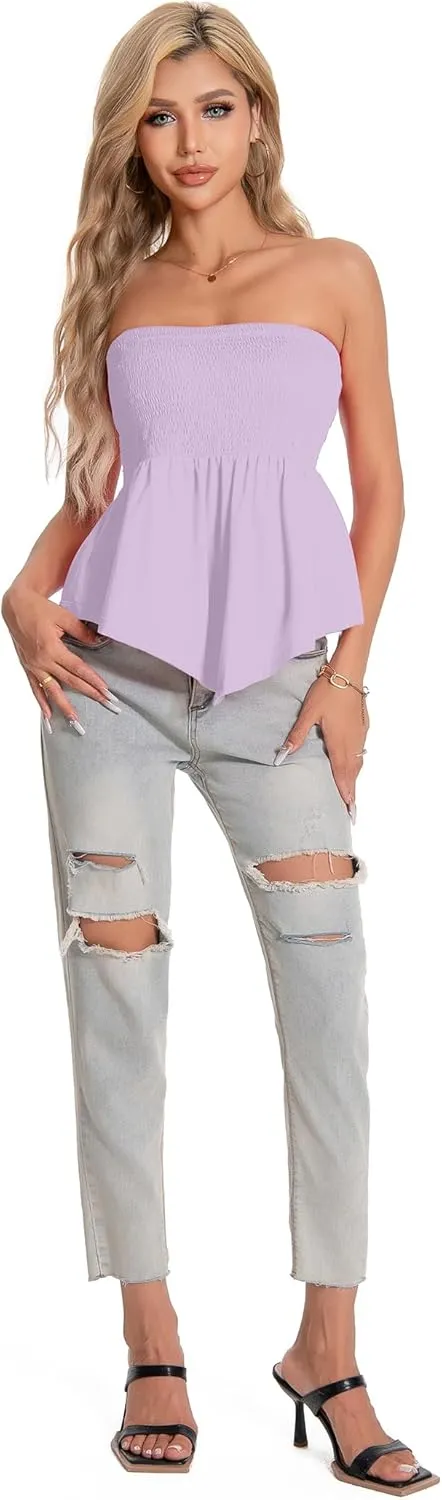 TAIPOVE Tube Tops for Women Smocked Summer Strapless Bandeau Shirts Ruffle Hem Cute Crop Peplum Trendy Going Out Outfit