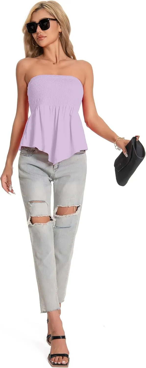 TAIPOVE Tube Tops for Women Smocked Summer Strapless Bandeau Shirts Ruffle Hem Cute Crop Peplum Trendy Going Out Outfit