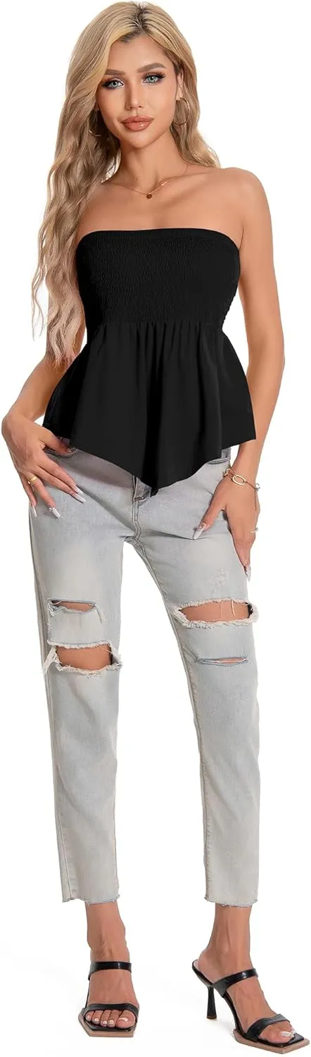 TAIPOVE Tube Tops for Women Smocked Summer Strapless Bandeau Shirts Ruffle Hem Cute Crop Peplum Trendy Going Out Outfit