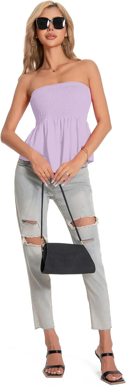TAIPOVE Tube Tops for Women Smocked Summer Strapless Bandeau Shirts Ruffle Hem Cute Crop Peplum Trendy Going Out Outfit