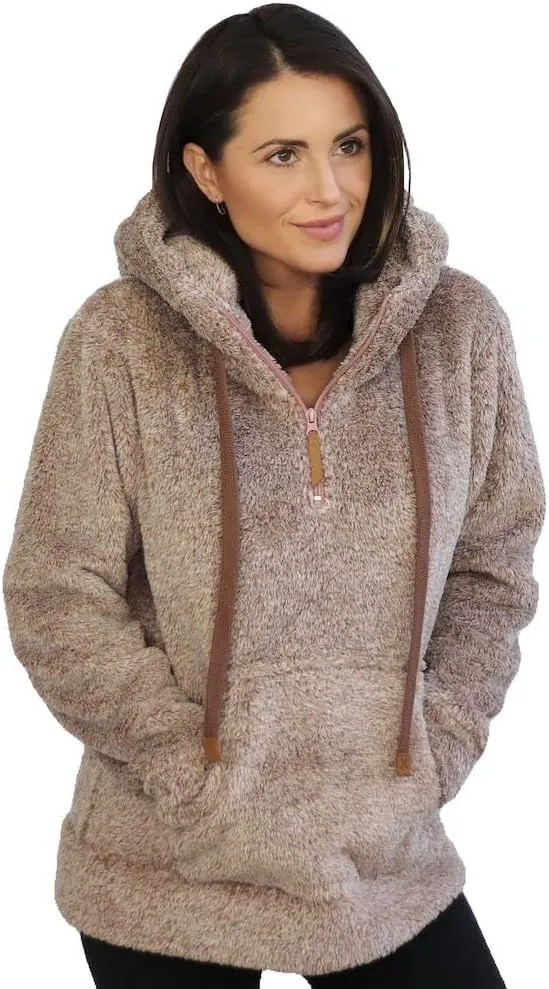 TrailCrest Women's Casual Sherpa Fuzzy Fleece Hoodie 1/4 Zip With Thumb Holes Relaxed Fit