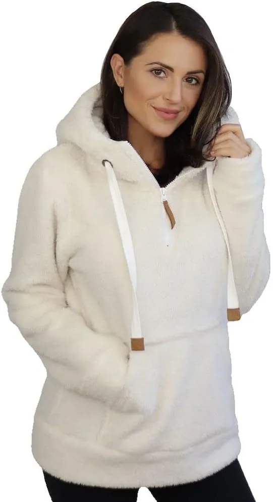 TrailCrest Women's Casual Sherpa Fuzzy Fleece Hoodie 1/4 Zip With Thumb Holes Relaxed Fit
