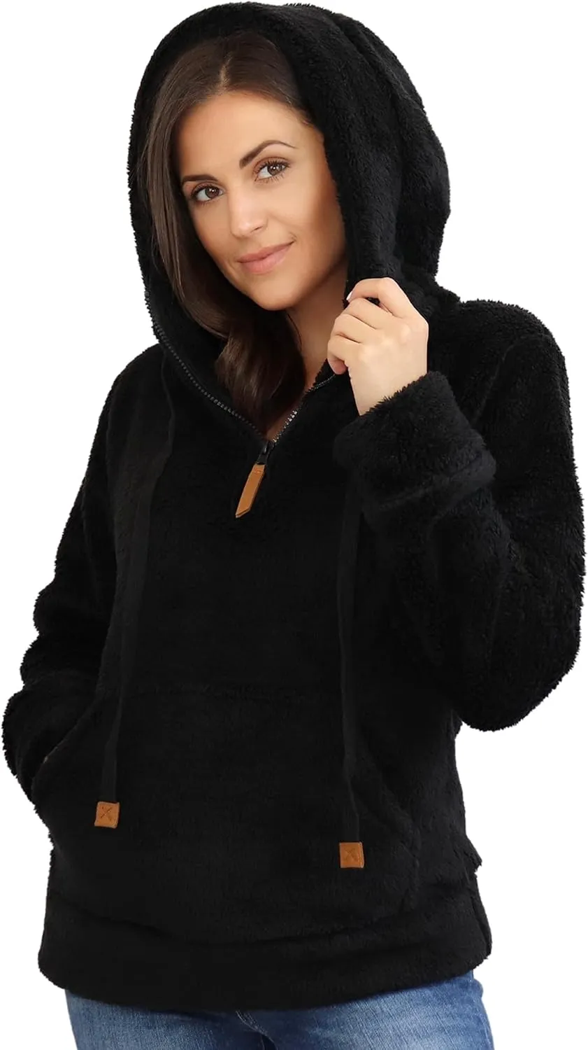 TrailCrest Women's Casual Sherpa Fuzzy Fleece Hoodie 1/4 Zip With Thumb Holes Relaxed Fit